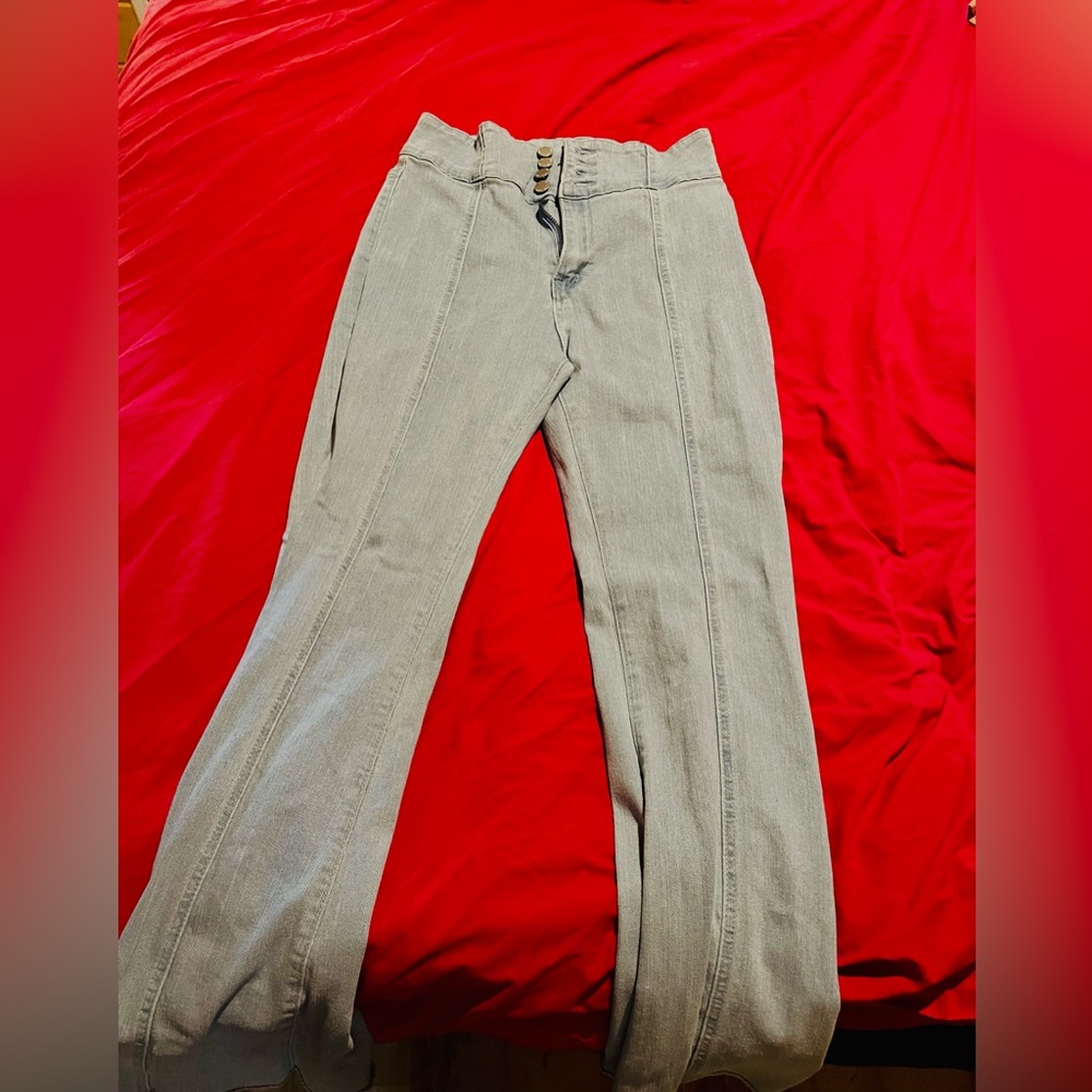 Light blue high-rise flare jeans with a flattering fit